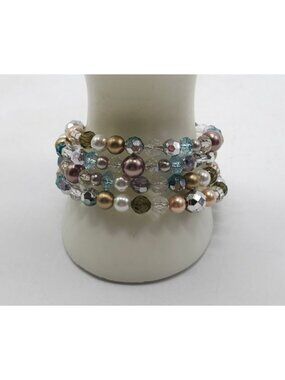 Multicolor Beaded Stretch Bracelet With Faux Pearls Crystal Accents